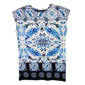 Womens Mely New York Blue & White Print Sleeveless Top Short Sleeve Polyester L